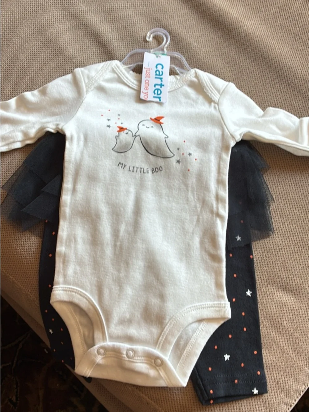 NWT Carter's Cream 'My Little Boo' Baby Bodysuit with Black Star Leggings